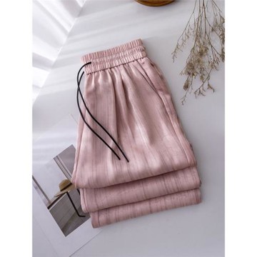 暗條紋緞面闊腿褲女夏季2025新款寬松直筒褲顯瘦休閑褲垂感遛彎褲