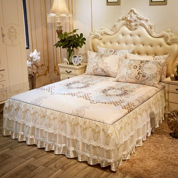 冰絲涼席歐式床裙款席子三件套1.8m空調軟席可機洗折疊蕾絲床罩席