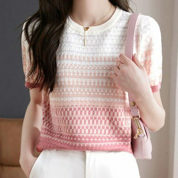 【巴黎精品】現貨秒發 針織衫短袖T恤-氣質圓領漸層色寬鬆女上衣w1ab39