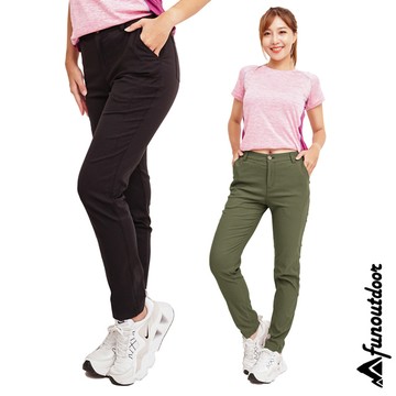 【戶外趣】女款超輕彈俐落剪裁雙彈腰防潑水防曬七口袋快乾長褲( HPL007 黑/草綠 )