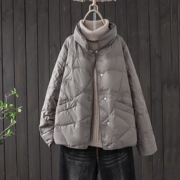 輕薄羽絨棉服女冬季文藝大碼寬松休閑保暖壓紋設計感立領棉衣外套