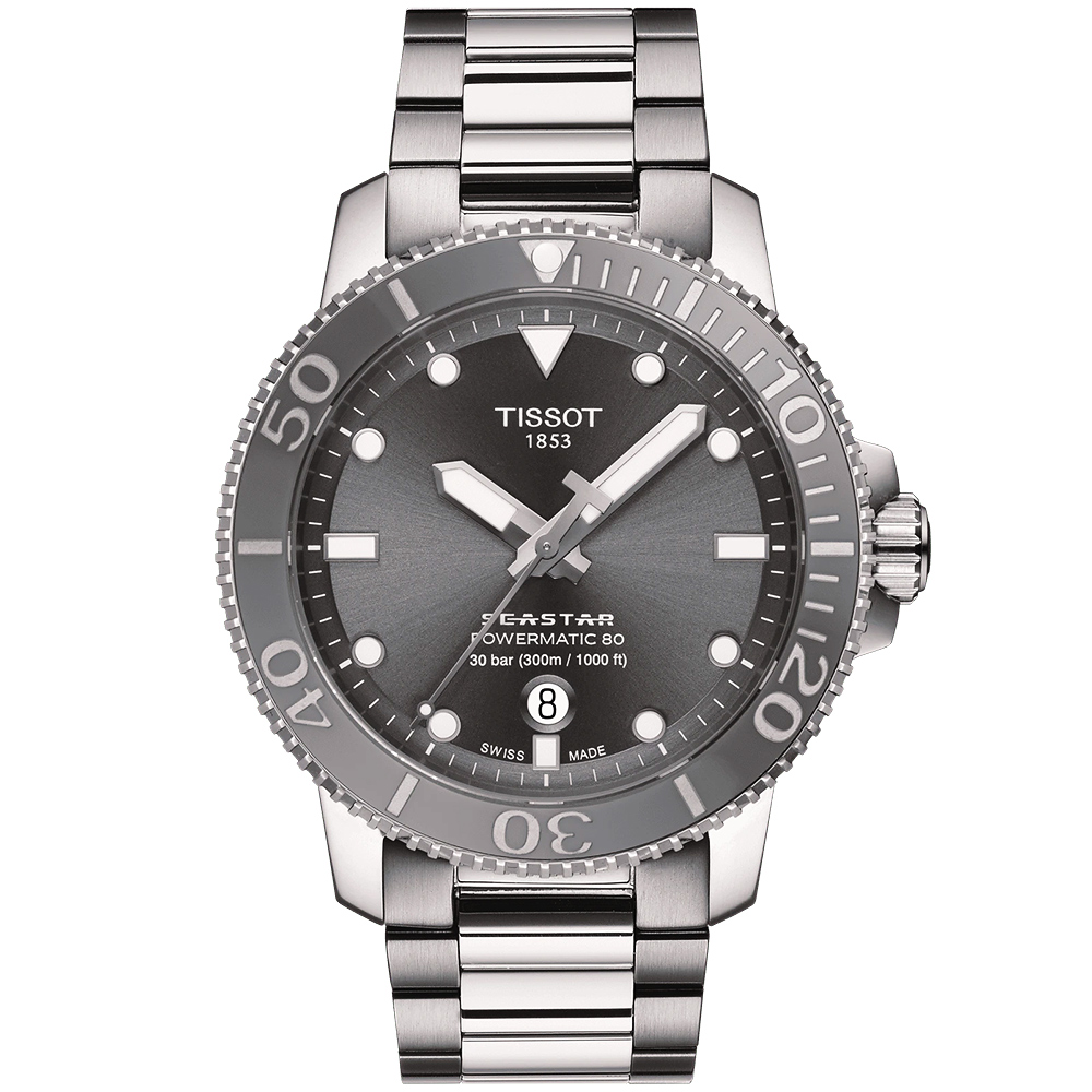 TISSOT 天梭Seastar 1000 海洋之星300米潛水機械錶-灰/43mm