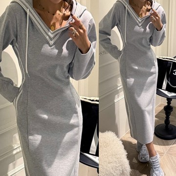 連身裙．街頭撞色花邊收腰後開衩連帽長袖洋裝．白鳥麗子