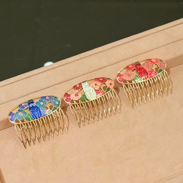 台灣老件 景泰藍 銅胎琺瑯工藝 貓咪與花髮飾/髮夾/髮插/髮梳