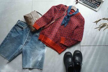 尋寶古著-復古幾何窗花緹花大紅色合身針織毛衣