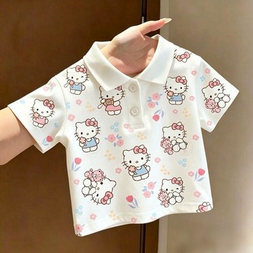 Mini baby🌷夏季卡通女孩兒童裝寶寶可愛kt貓亂花滿印短袖T恤polo衫