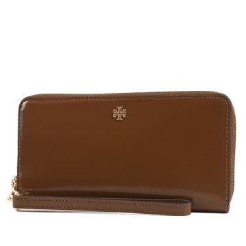 TORY BURCH EMERSON 金字LOGO亮面拉鍊手掛長夾-核桃棕/附活動證件夾