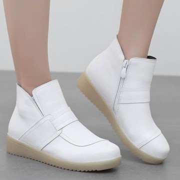 秋冬真皮護士鞋女軟底透氣防臭防滑坡跟白色棉鞋保暖美容院工作鞋