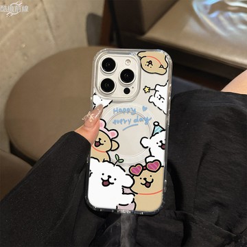 卡通情侶小狗 適用 iPhone17 16 15 14 13 12 11 Pro Max 蘋果磁吸手機殼 透明防摔軟殼