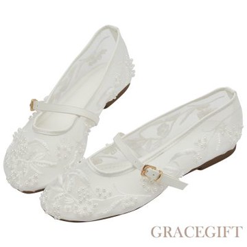 【Grace Gift】浪漫珍珠繡花網紗平底瑪莉珍鞋 白