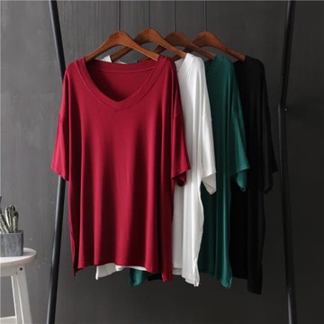 番茄故事寬松大碼莫代爾短袖t恤女夏純色V領半袖柔軟涼爽木代爾t