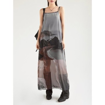 Codibook｜韓國 DANGDANG GIRL 大尺碼數位印花細肩帶蛋糕長洋裝［預購］長洋裝 細肩帶緞面洋裝 女裝