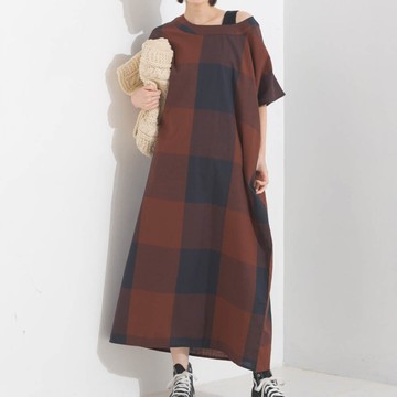 日本 OMNES - 100%印度棉 清爽格紋短袖洋裝-深棕