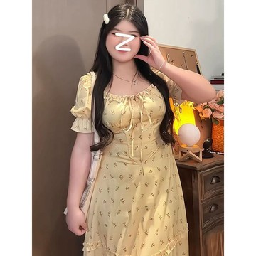 【🍇精选】100kg可穿 大码女装 大码法式方领碎花连衣裙 大码长洋装 茶歇裙 梨形身材遮肉 胖MM遮肚显瘦收腰A字裙