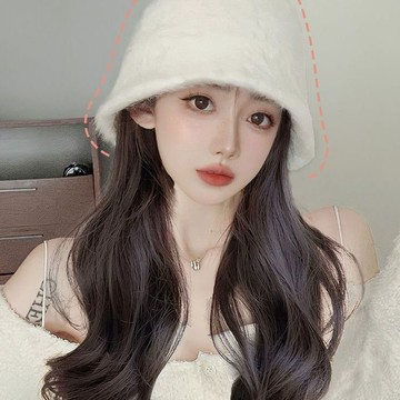 秋冬新款💯假髮帽帽子假髮女長捲髮一體時尚秋冬漁夫帽仿真髮全真人髮假髮套 一體連帽 長款仿真假髮全頭套 假髮女 長髮帽假髮