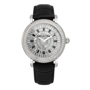 PARKER PHILIP派克菲利浦金碧輝煌梯鑽滿天星機械錶(銀殻/黑帶)