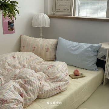 wanan/☾…純棉系列の現貨 法式交響樂床包床單 條紋蝴蝶結拼接 四件套三件套