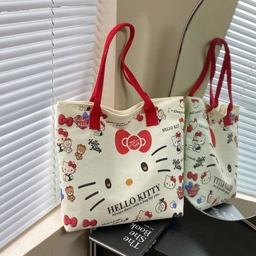 批發凱蒂貓印花帆布包可愛kitty 購物手提袋大容量學生上課補習袋
