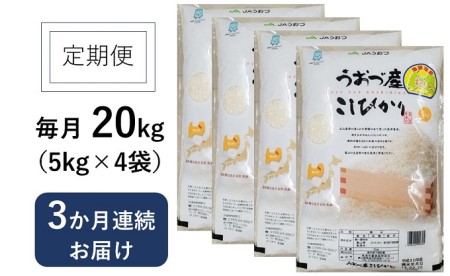 20kg（5kg×4袋）×3ヶ月定期便　富山県うおづ産米コシヒカリ 白米　富山米