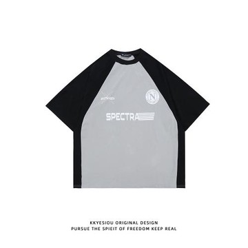 KKyesiou日系街頭拼色插肩印花短袖T恤男女寬松學院落肩情侶體恤