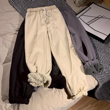 冬季加絨加厚羊羔絨衛褲男士束腳休閑褲炸街潮流直筒寬松運動褲子