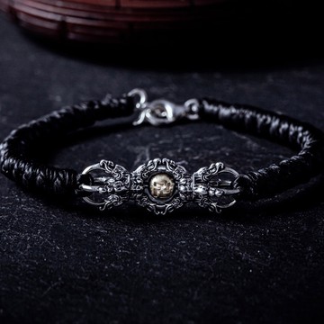 【JK銀飾】 鎮邪金剛杵／925純銀-蠟繩手鍊