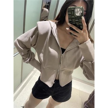 VJISHA秋季新款墊肩衛衣短款連帽歐美長袖拉鏈開衫套指刺繡小外套