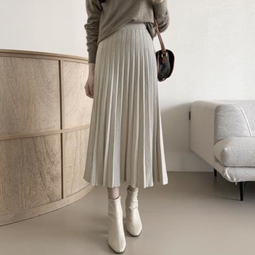 韓國chic秋冬小眾百搭高腰顯瘦中長款A字型加厚針織百褶半身裙女