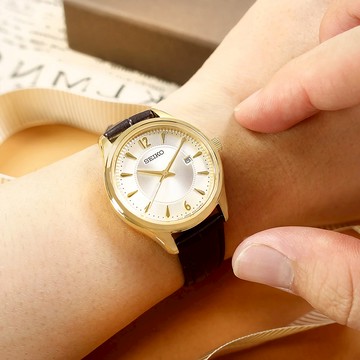 SEIKO 精工 / SUR478P1 / 藍寶石水晶玻璃 日期 壓紋真皮手錶 銀白x金框x深褐色 30mm