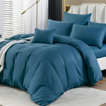 FOCA 超導石墨烯素色精透綿兩用被床包六件組 贈同色羊羔絨蓋毯 + 抱枕  夜魅靛  雙人  床包+枕套+兩用被+蓋毯+抱枕組