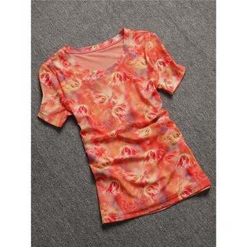 圓領短袖t恤女夏季修身印花體恤別致漂亮小衫半袖薄款網紗上衣