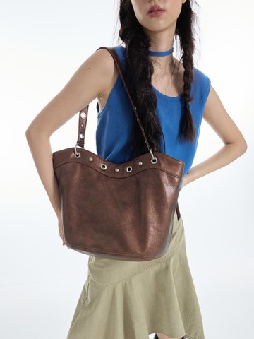 金屬古銅 達頓水桶 嬉皮朋克 多背法肩背包 機車鉚釘軟皮托特包