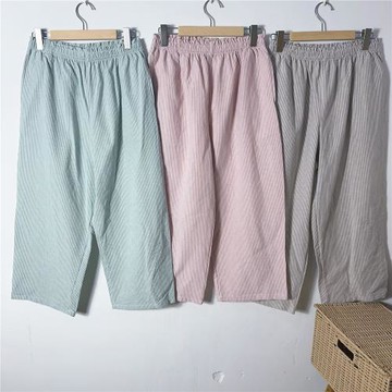 新款純棉條紋水洗棉女款休閑家居寬松八分褲春夏款睡褲