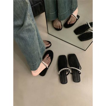 黑色包頭后絆帶漁網平底涼鞋羅馬鞋25夏季新款鏤空舒適沙灘半拖鞋