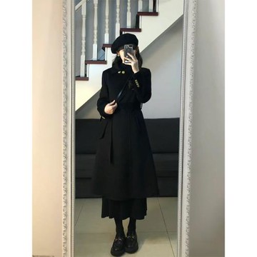 赫本風高級感黑色呢子大衣女秋冬裝新款韓版收腰顯瘦氣質毛呢外套