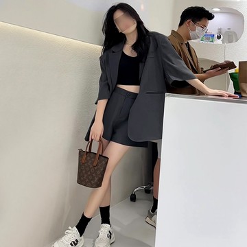 夏氣質西裝套裝女 短袖時尚西服上衣外套 高腰短褲兩件套