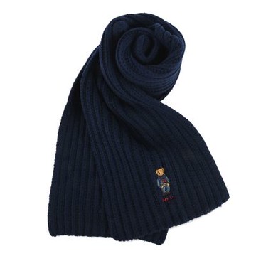 RALPH LAUREN POLO 丹寧小熊刺繡素面羅紋針織圍巾-海軍藍色
