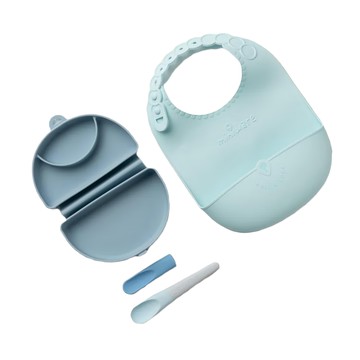 miniware 微兒 合掌包經典全配3入組 可折疊收納 強力吸附餐桌 食品級矽膠製成 含圍兜與湯匙 矽膠外殼 矽膠板  合掌包  矽膠外殼  矽膠板  湯匙  圍兜  藍色香蕉  1組