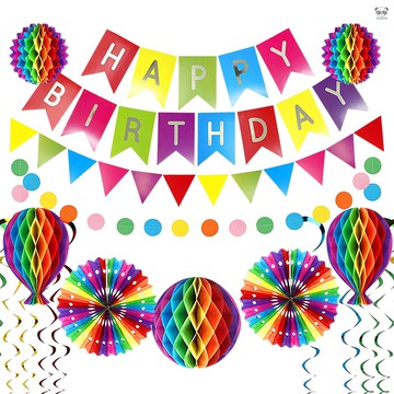 彩色 生日派對裝飾蜂窩球螺旋拉花拉旗套裝18件