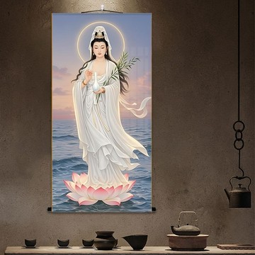 熱銷c886t 南海觀音畫像絲綢卷軸掛畫蓮花海上白衣觀音菩薩佛堂禪意裝飾壁掛已開光 招財納福 消災解厄 結緣開運 保平安