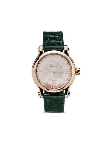 Chopard - Happy Sport 33mm - women - stainless steel/18kt Rose Gold/Diamond/Sapphire/Calf Leather - One Size - White