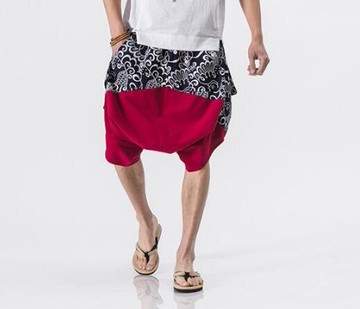 FINDSENSE MD 日系 潮 男 街頭 休閒簡約 寬鬆大碼 拼接花紋 休閒短褲 七分褲 蝙蝠褲