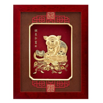 開運陶源 雅鑑鑫品 【諸事如意】 金豬 純金箔畫 26 x33 cm可掛於牆壁，後有腳架，也可以立在桌上