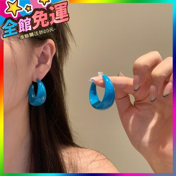 🌸台灣出貨🌸 複古港風藍色C型圈圈耳環女氣質耳釘度假風誇張耳圈耳飾圓圈素圈 🥇滿額免運🥇X370-11-A