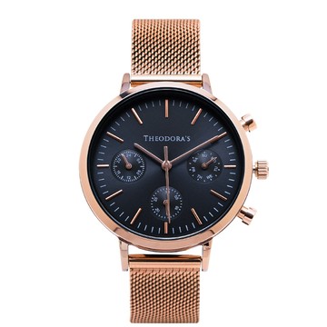 Apollo 中性三眼金屬腕錶[小錶面] 三眼深藍-米蘭玫金