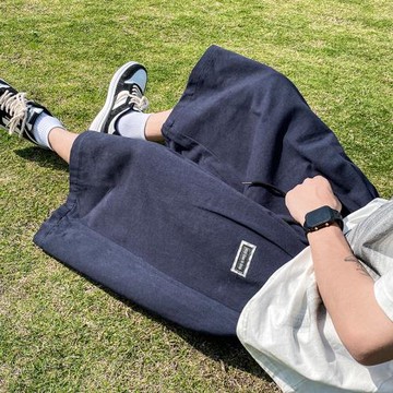 藏藍色日系7七分工裝短褲男夏cityboy墜感慵懶休閑8八分闊腿褲子