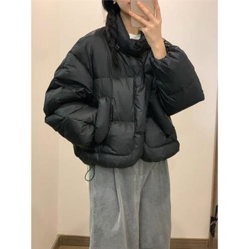 可拆帽子立領小蛋堡彎刀袖短款白鴨絨黑色面包羽絨服外套女冬裝新