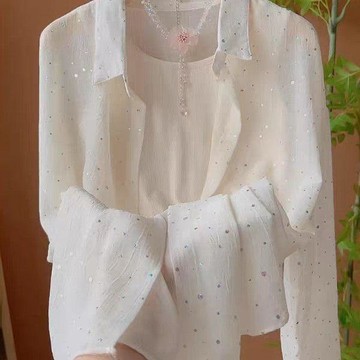 【臺灣出貨】燙金防曬衣法式甜美亮片防曬薄款襯衫女夏季休閒寬鬆百搭襯衣IWO