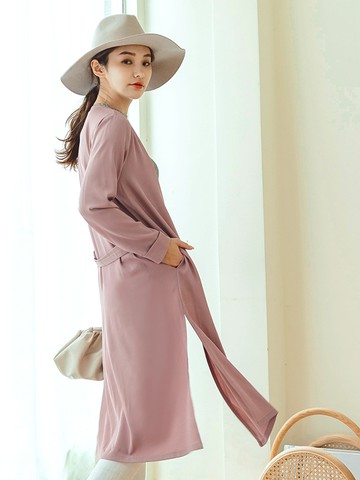 不易皺後腰帶側開衩長版罩衫