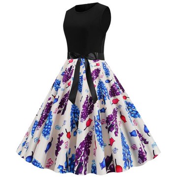 歐洲站速賣通時尚圓領印花無袖背心中長款連衣裙女Women's dress